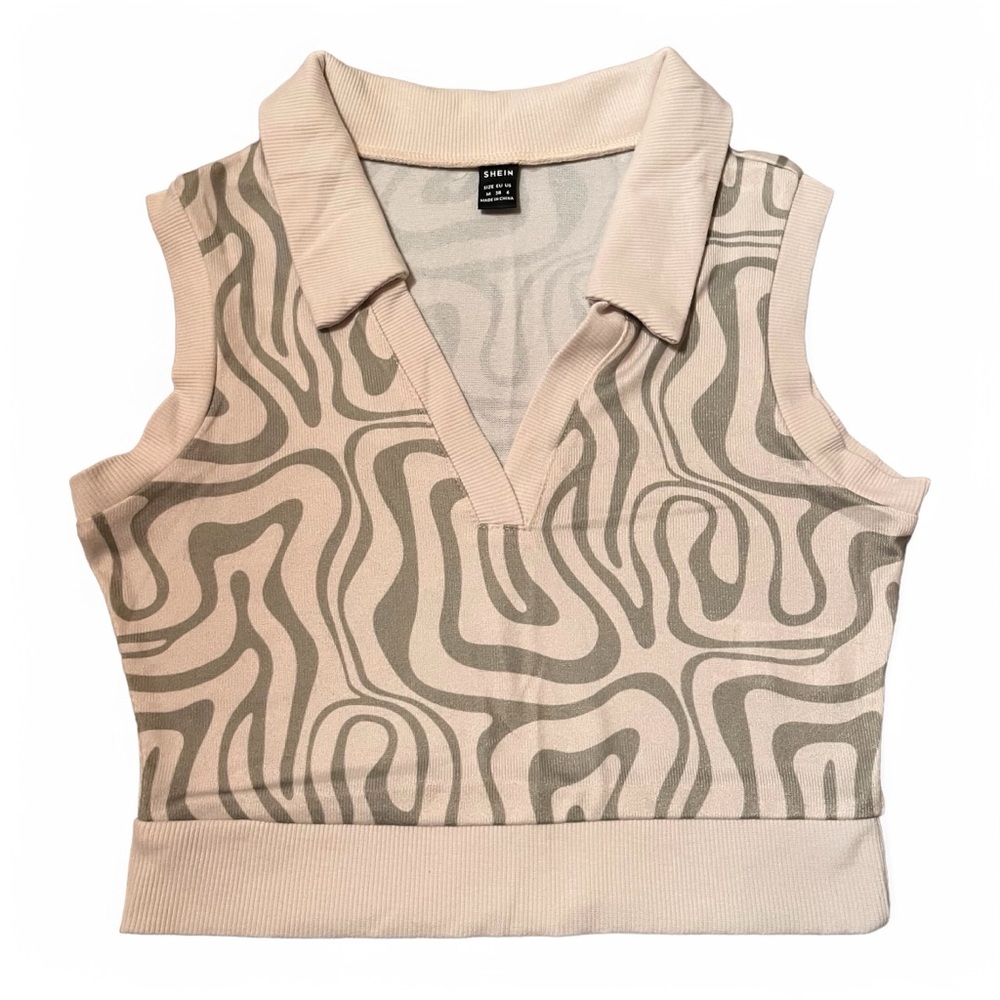 SHEIN Green Print Collared V-Neck Tank Crop Top - Picture 3 of 10